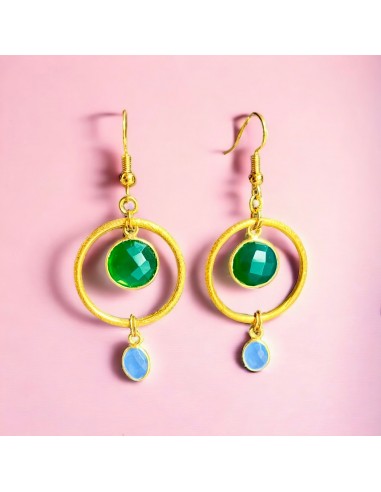 Boucles d’oreilles "MAEVE" dorées or fin Onyx Verte et Calcédoine outlet