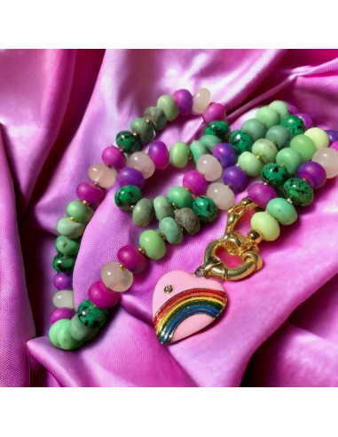 Collier "PURPLE GREEN" - Sugilite - Jaspe- Quartz rose - Agate - doré or fin Profitez des Offres !