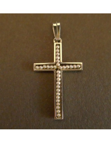 Pendentif Croix Perles Fines , Or Blanc 18 Carats ou a consommer sur place