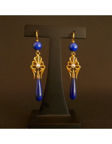 Paire de pendants d'oreilles Art Déco perles, lapis lazuli et diamants taille rose, vers 1920 2023