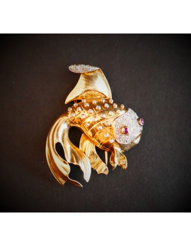 Broche Poisson Rubis Et Diamants, Platine et Or 18K le des métaux précieux