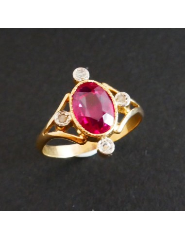 Bague Art Nouveau Pierre Rouge Et Diamants, Or Jaune 18 Carats 2024