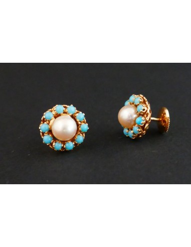 Boucles d'Oreilles Perles Et Turquoises, Or 18 Carats JUSQU'A -70%! 