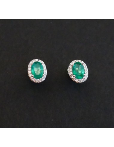 Boucles d'Oreilles émeraude Et Diamants, Or Blanc 18 Carats en stock