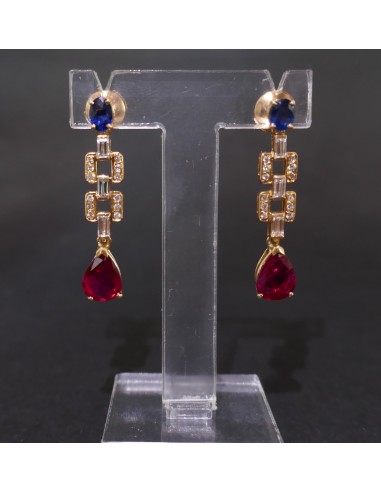 Paire De Boucles d'Oreille Saphirs, Diamants Et Rubis, Or 18 Carats. Les magasins à Paris